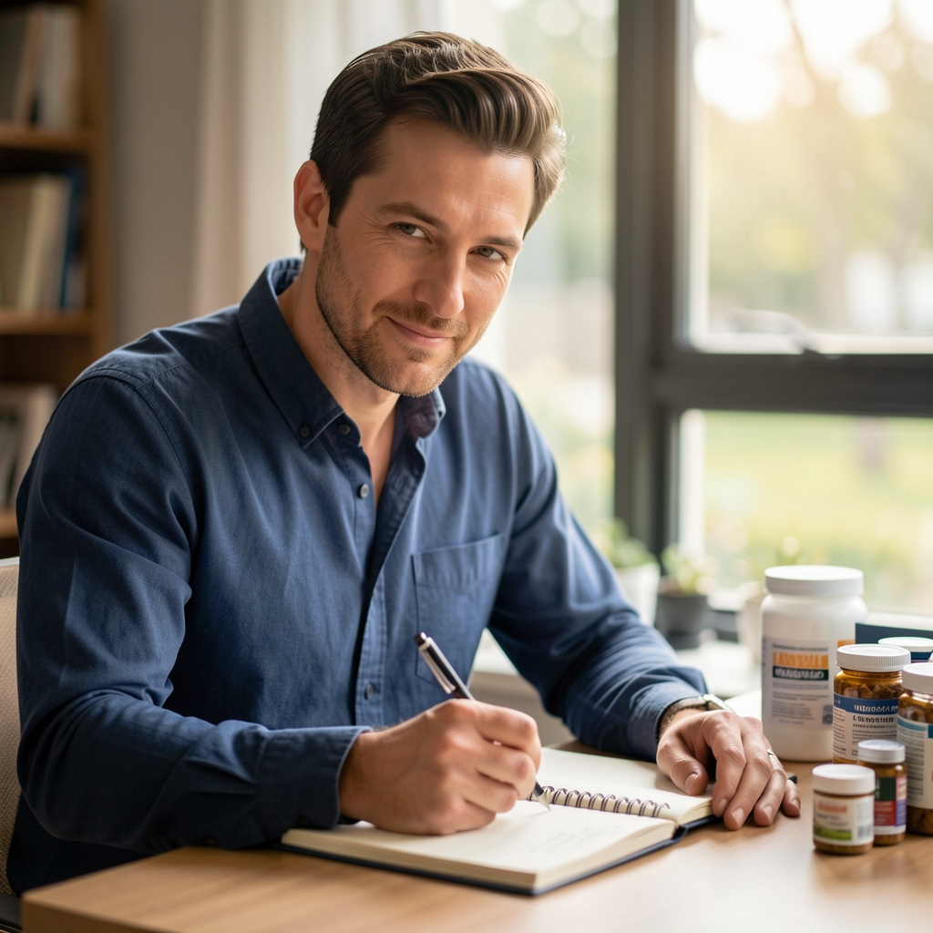 Editorial portrait of a male writer at a desk in soft natural daylight, journalling with supplement containers visible in the background