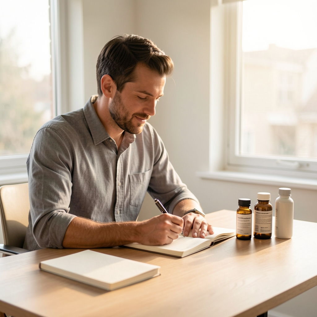 Man journalling at a clean wooden desk in soft morning daylight, supplement bottles and notebook arranged neatly beside him