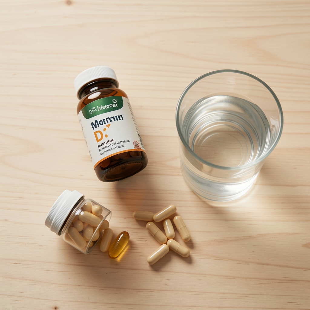 Morning supplement routine layout with vitamin D bottle, magnesium daily supplements, and a glass of water on a light timber surface, editorial overhead composition