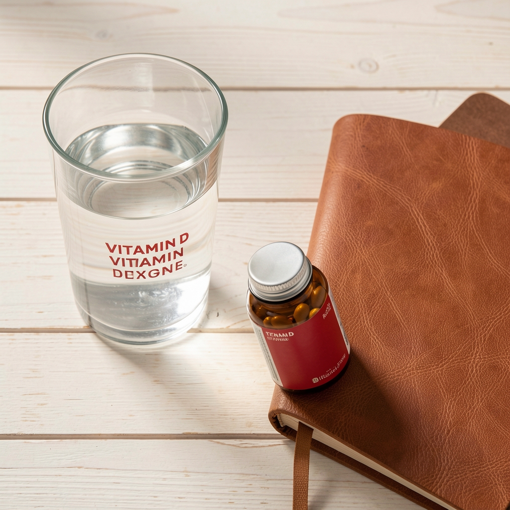 Vitamin D supplement bottle beside a glass of water and a leather notebook on a pale wooden surface, morning editorial flat lay