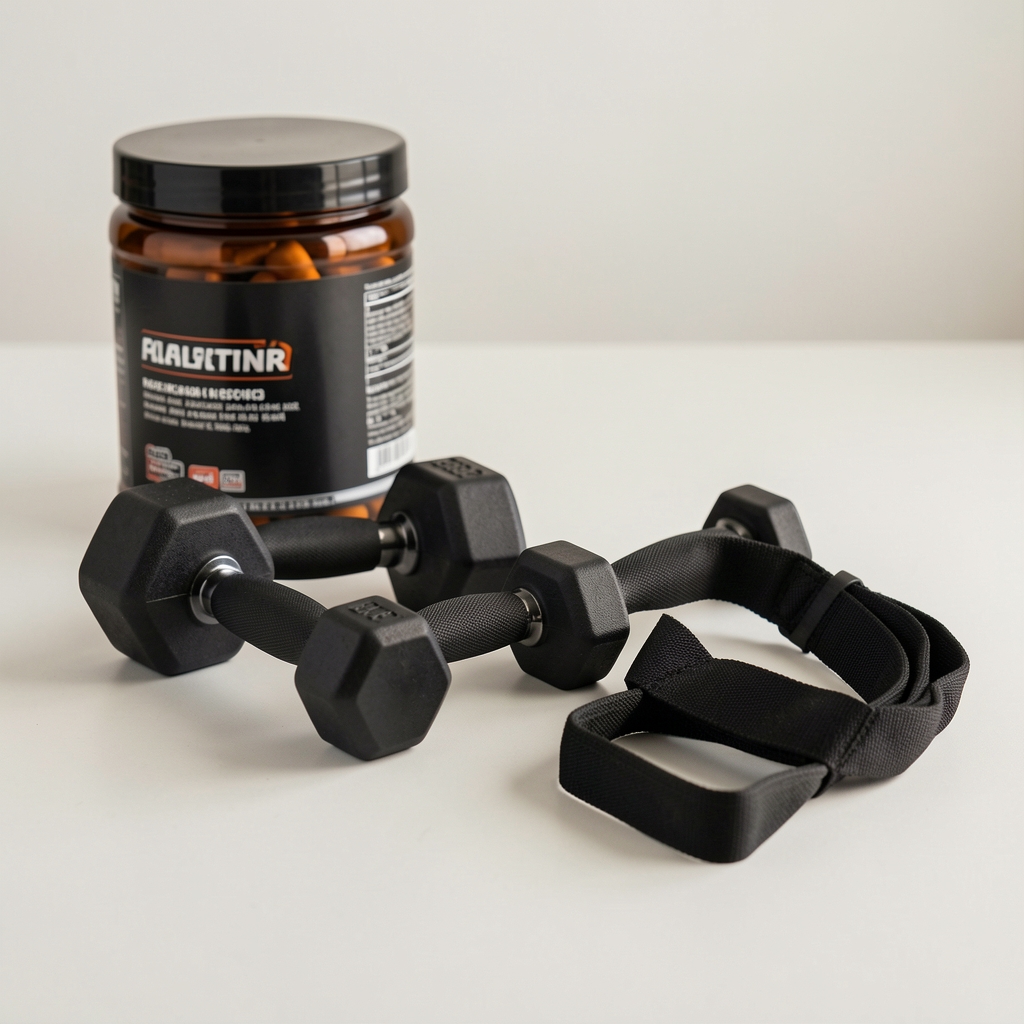 Weights and resistance band on a clean flat surface with supplement container in background, editorial minimal composition