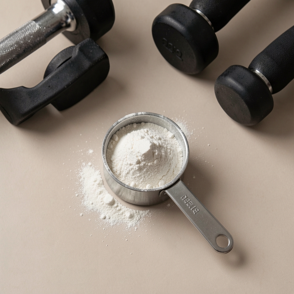 Creatine powder in a measuring scoop on a neutral background beside gym equipment, editorial overhead composition