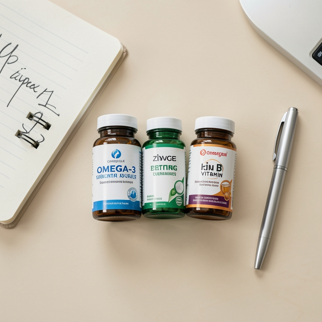 Omega-3, zinc, and B vitamin supplement bottles arranged on a pale desk surface with a journal and pen, editorial overhead flat lay