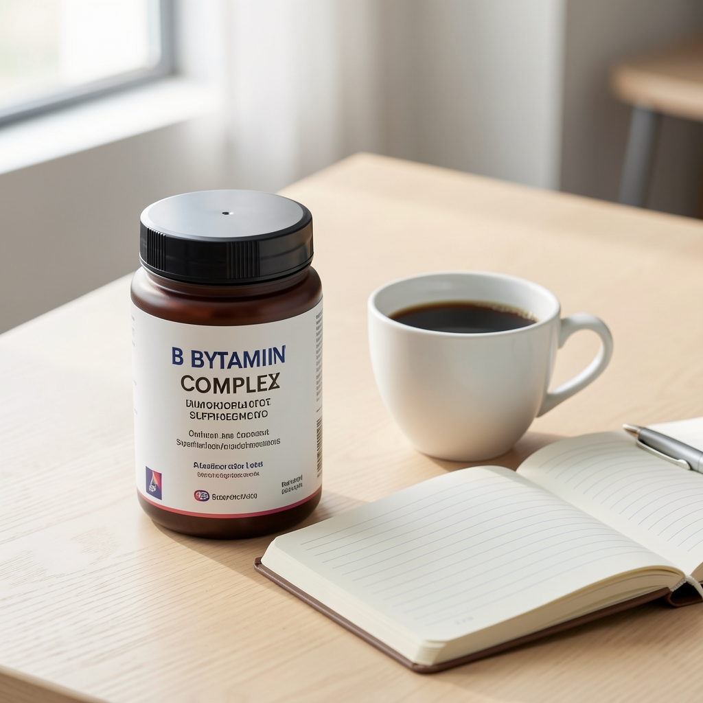 B vitamin complex supplement container on a light surface beside a cup of black coffee and an open notebook, morning routine editorial composition