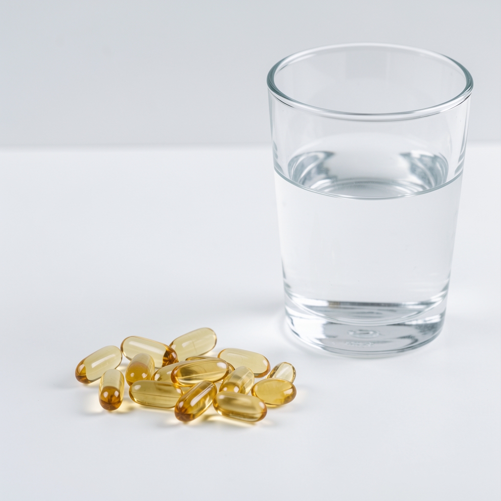 Omega-3 fish oil daily supplements arranged on a clean white surface next to a glass of water, editorial product composition