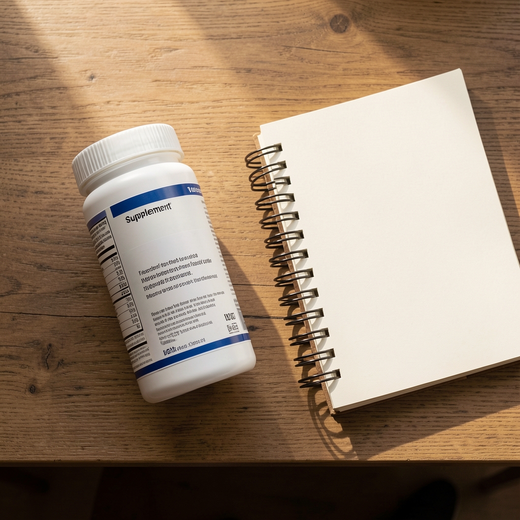 Supplement containers and a notebook on a wooden desk in morning light, editorial flat lay composition